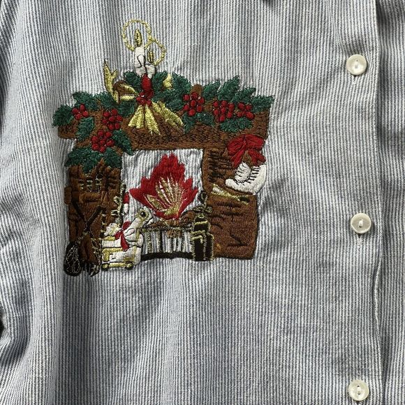 VTG 90’s New Directions Shirt Women Large Blue Stripe Christmas Embroidered Top - Picture 3 of 14